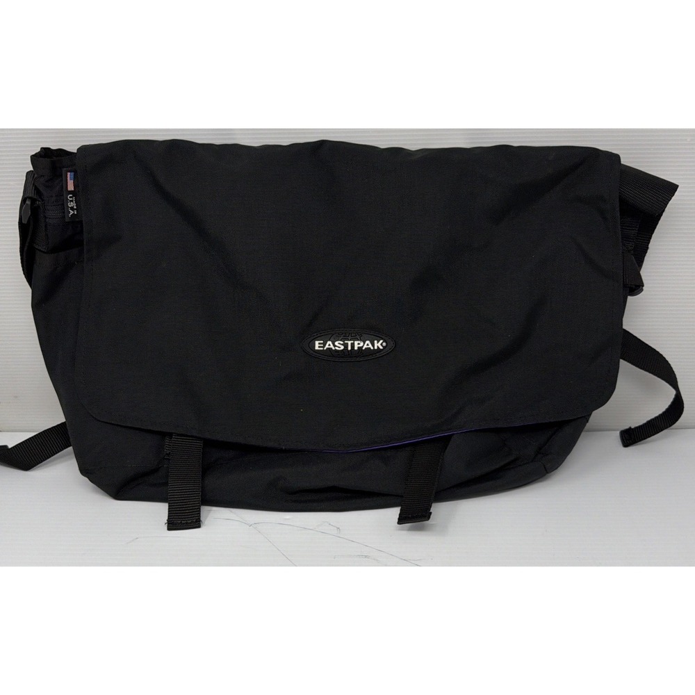 Vintage Eastpak Messenger Crossbody Laptop Bag Black Logo Made In USA Y2K 90s